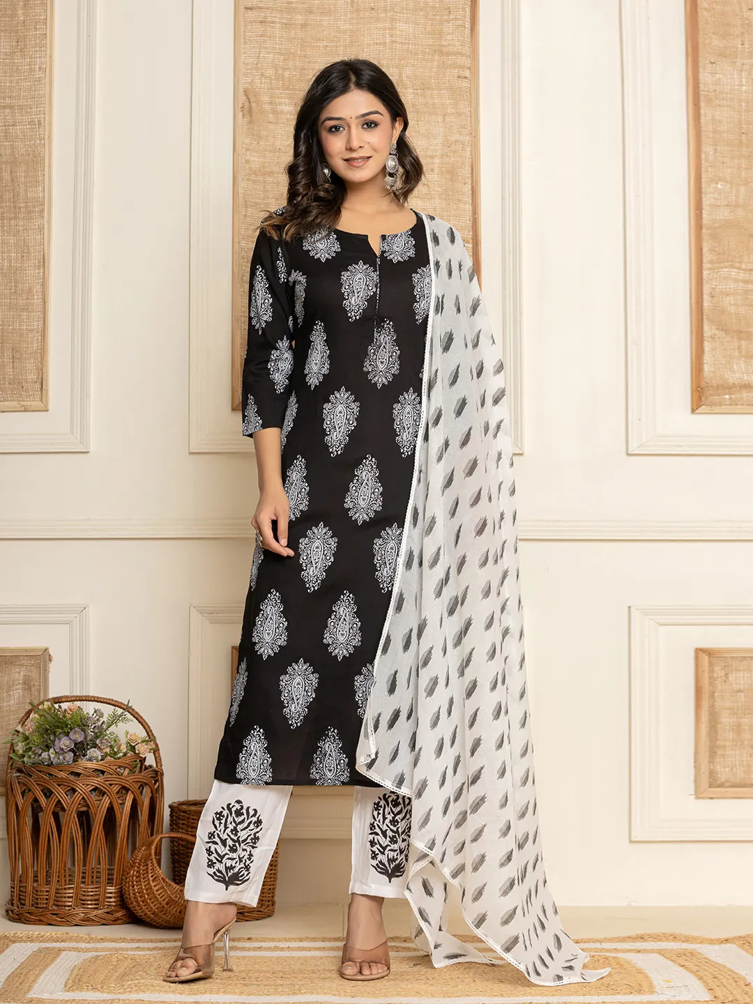 Women Black Paisley Print Rayon Kurta With Hand Block Print Palazzo  Dupatta