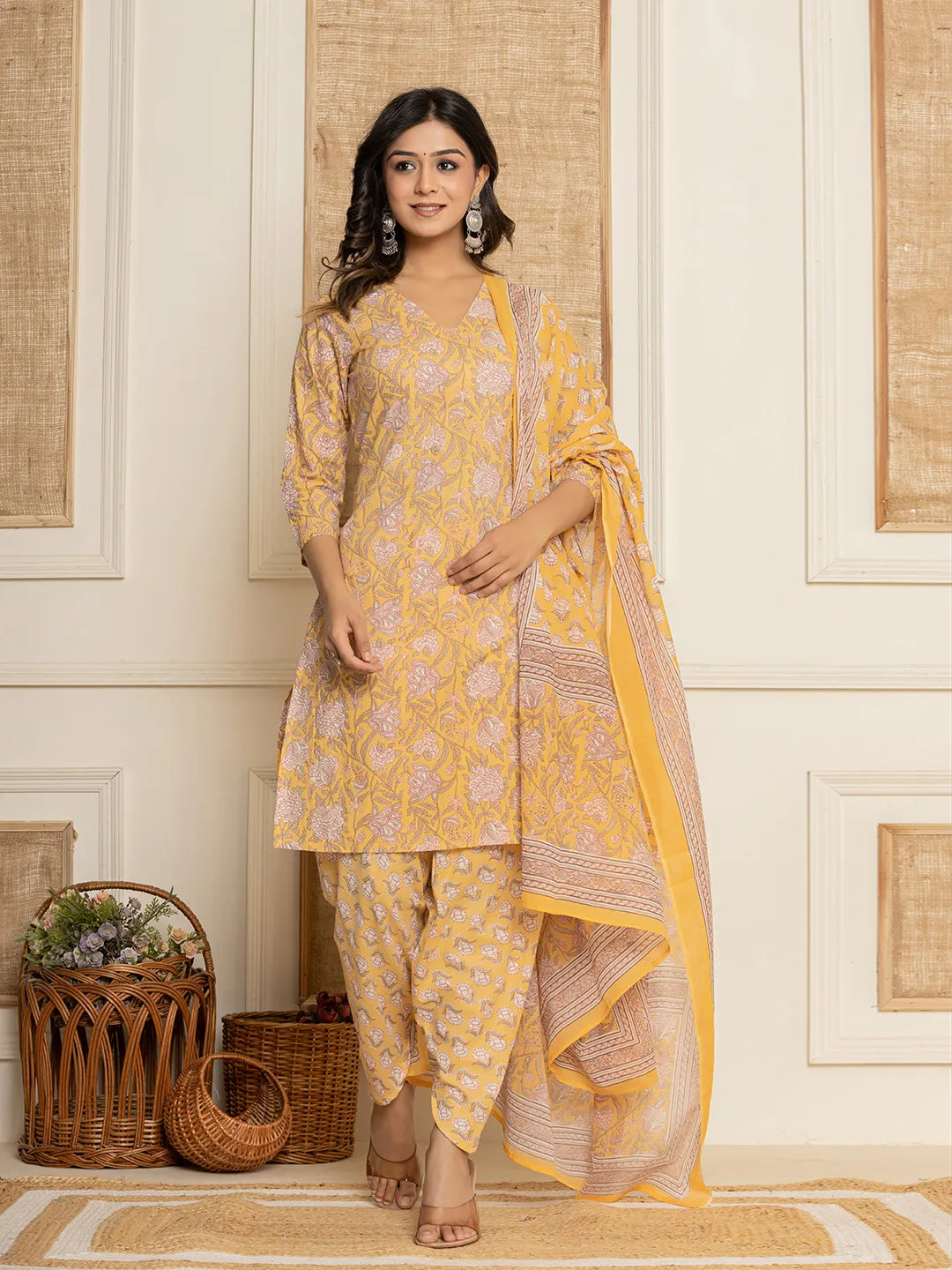 Dhoti Style Haldi Dress Yellow Floral Print Cotton Straight Style