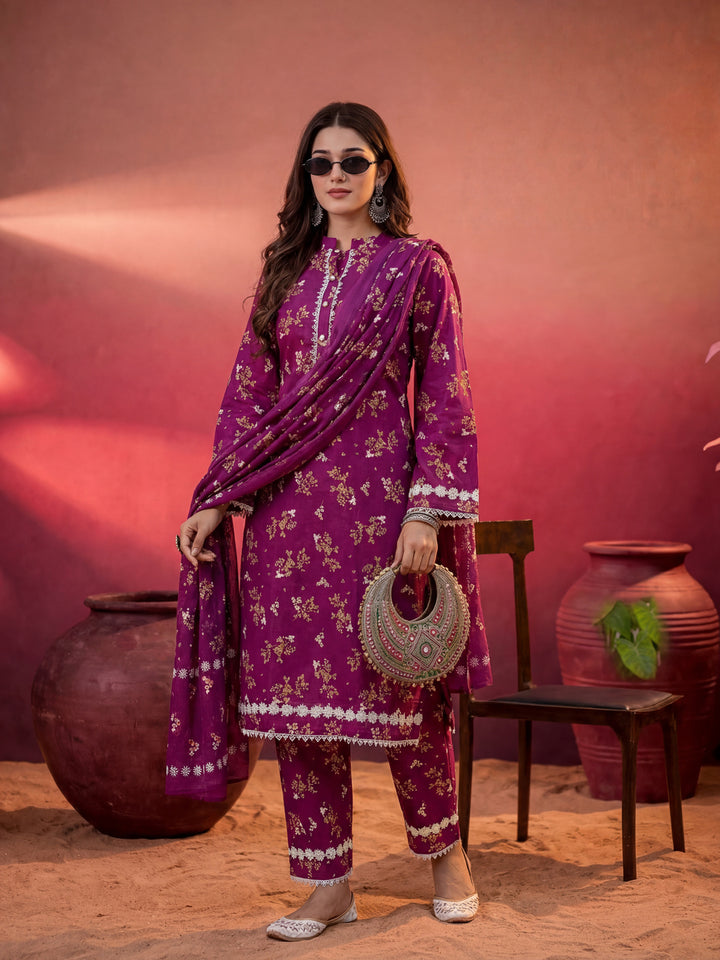 Purple Floral Print Straight Pakistani Style Kurta Trouser And Dupatta Set