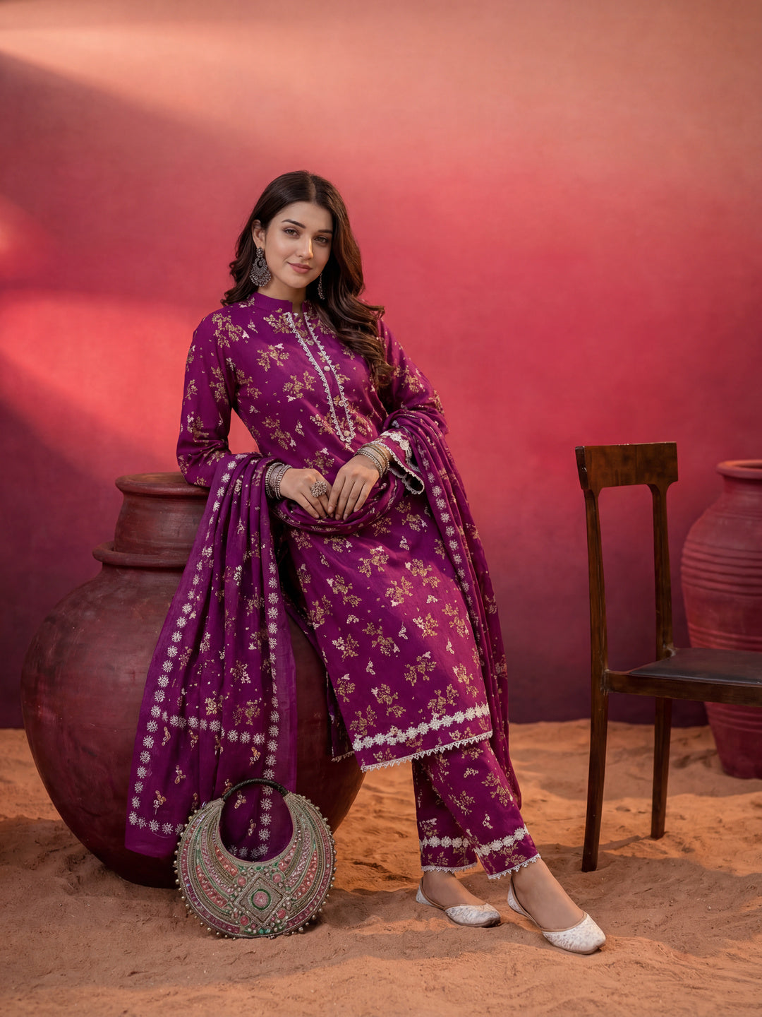 Purple Floral Print Straight Pakistani Style Kurta Trouser And Dupatta Set