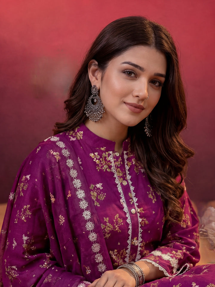Purple Floral Print Straight Pakistani Style Kurta Trouser And Dupatta Set