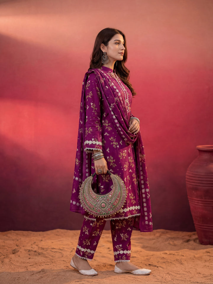 Purple Floral Print Straight Pakistani Style Kurta Trouser And Dupatta Set