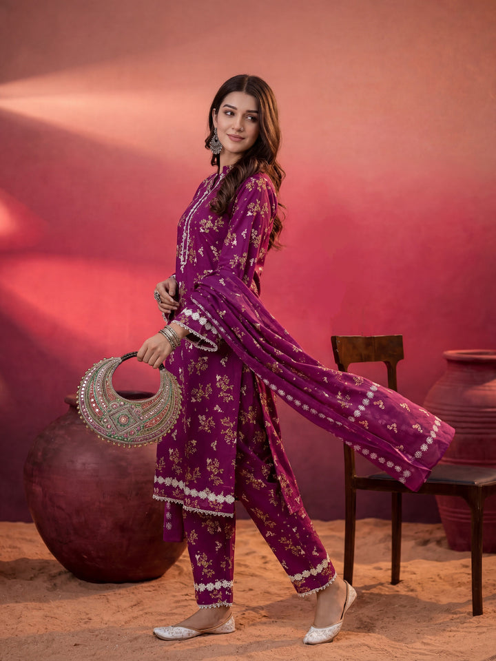 Purple Floral Print Straight Pakistani Style Kurta Trouser And Dupatta Set