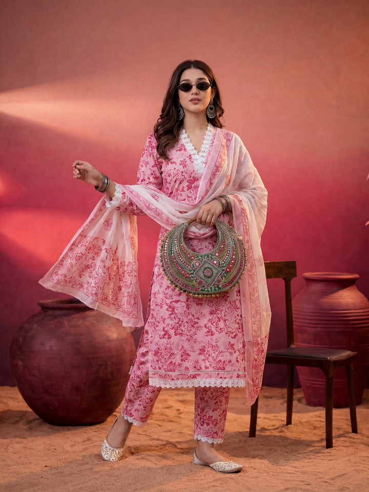Pink Floral Print Pakistani Style Kurta Trouser And Dupatta Set