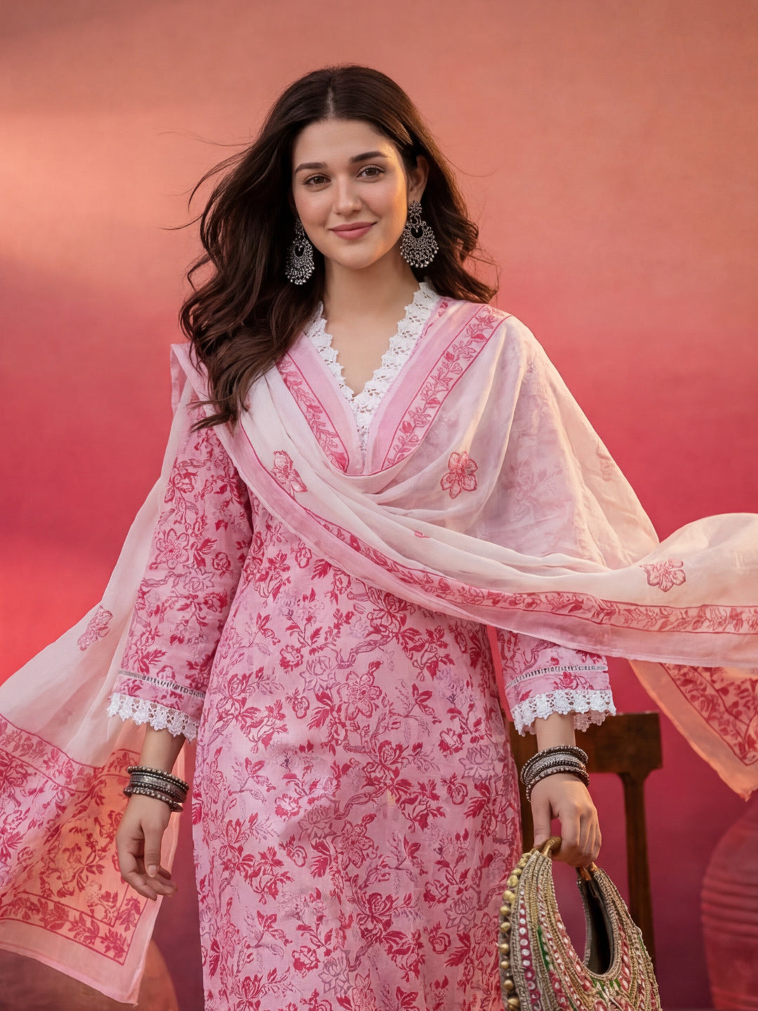 Pink Floral Print Pakistani Style Kurta Trouser And Dupatta Set
