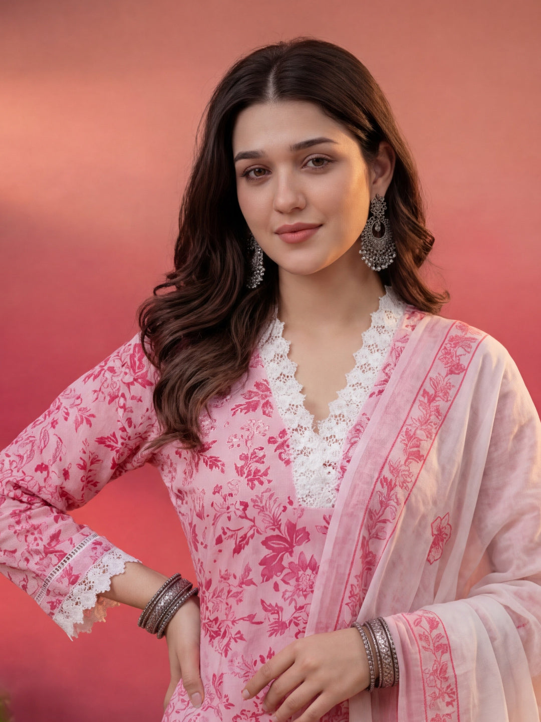 Pink Floral Print Pakistani Style Kurta Trouser And Dupatta Set