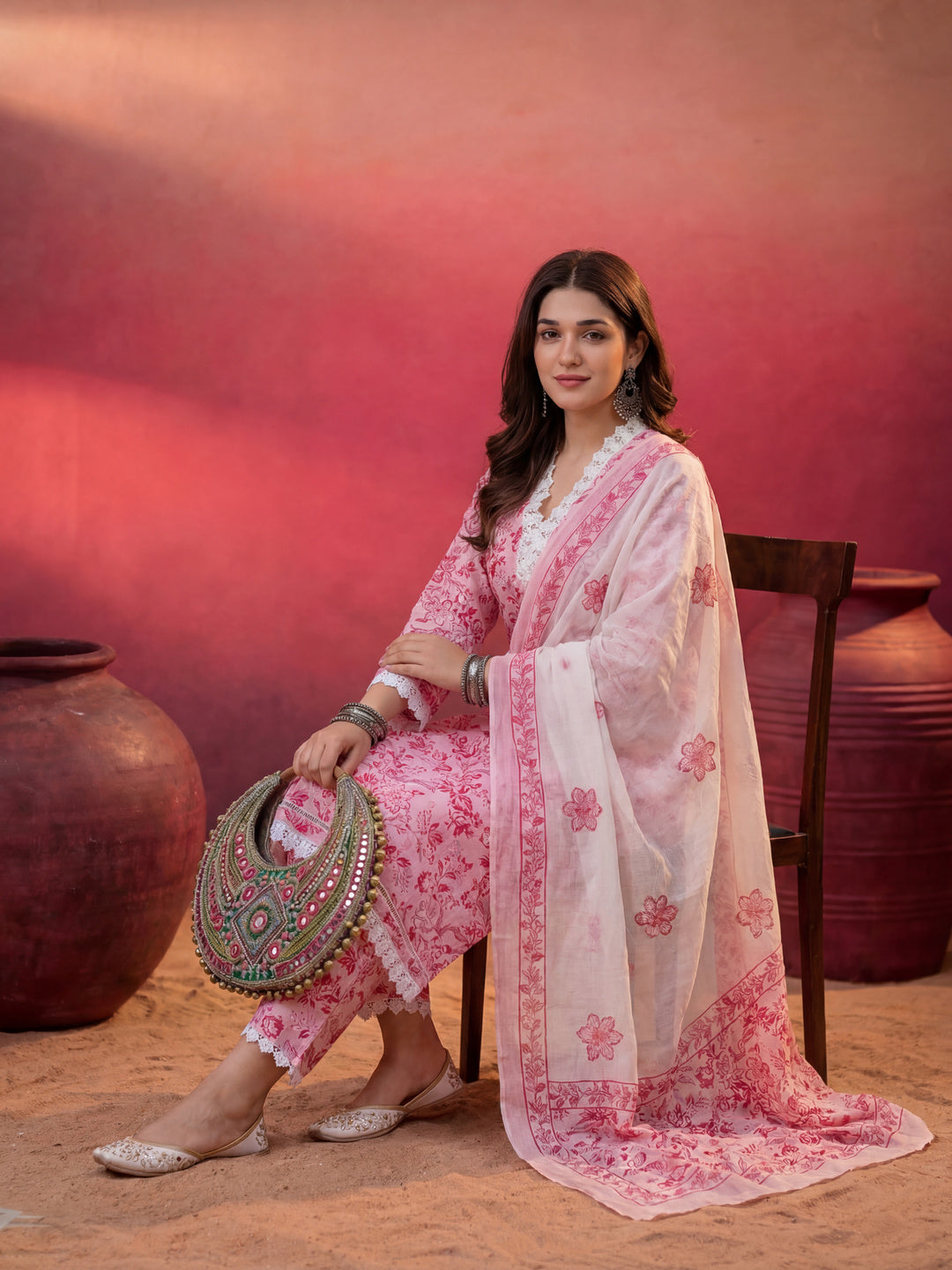 Pink Floral Print Pakistani Style Kurta Trouser And Dupatta Set