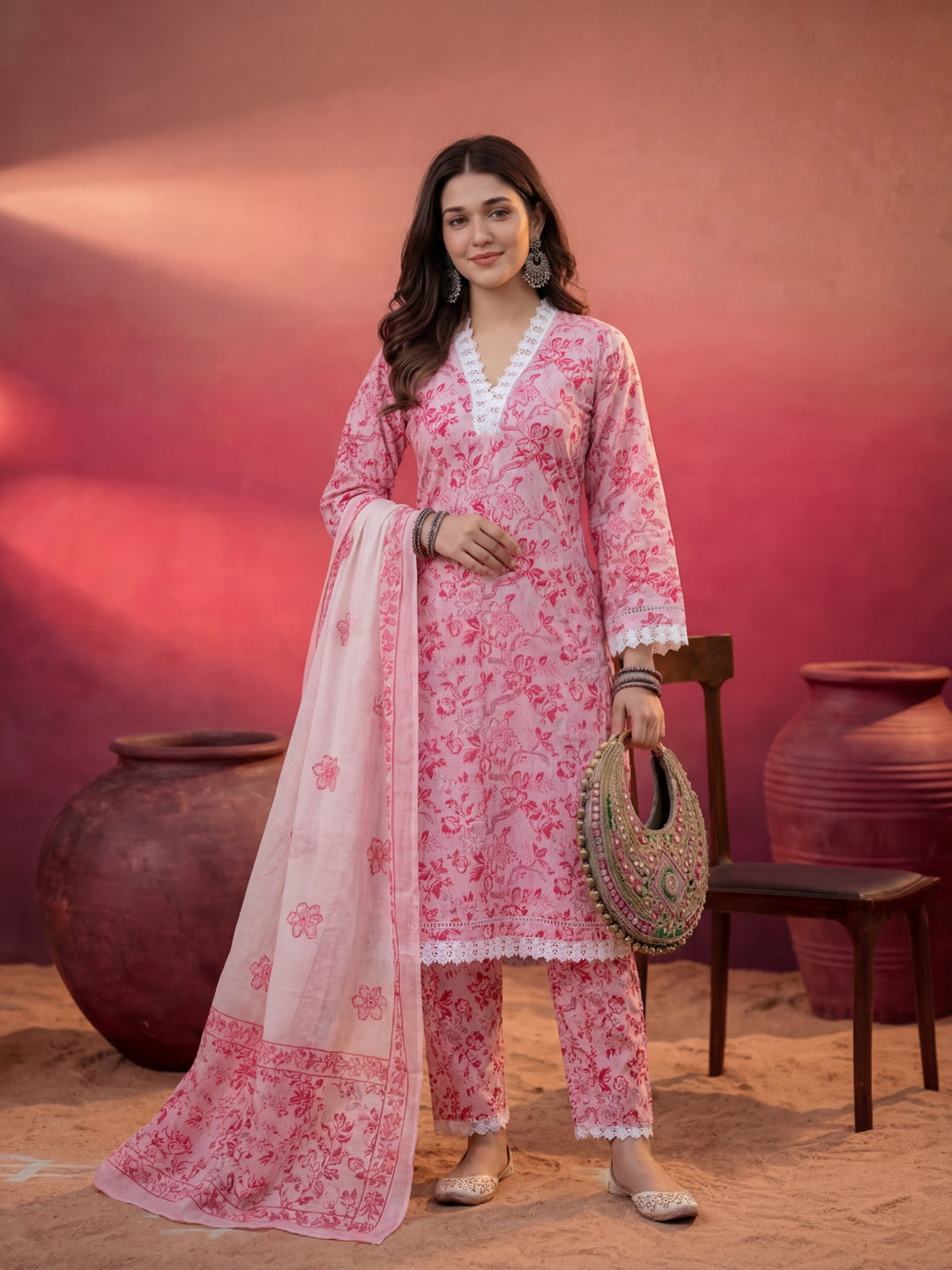 Pink Floral Print Pakistani Style Kurta Trouser And Dupatta Set