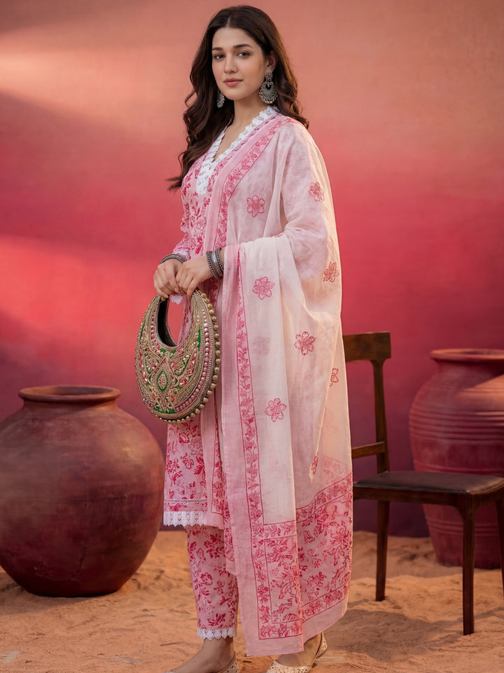 Pink Floral Print Pakistani Style Kurta Trouser And Dupatta Set