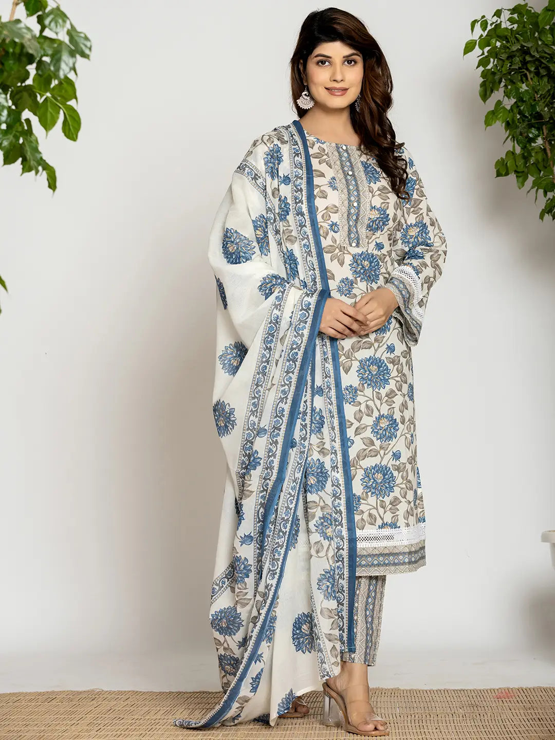 Blue And Off White Cotton Pakistani Style Kurta Dupatta Set-Yufta Store-1006SKDBLS