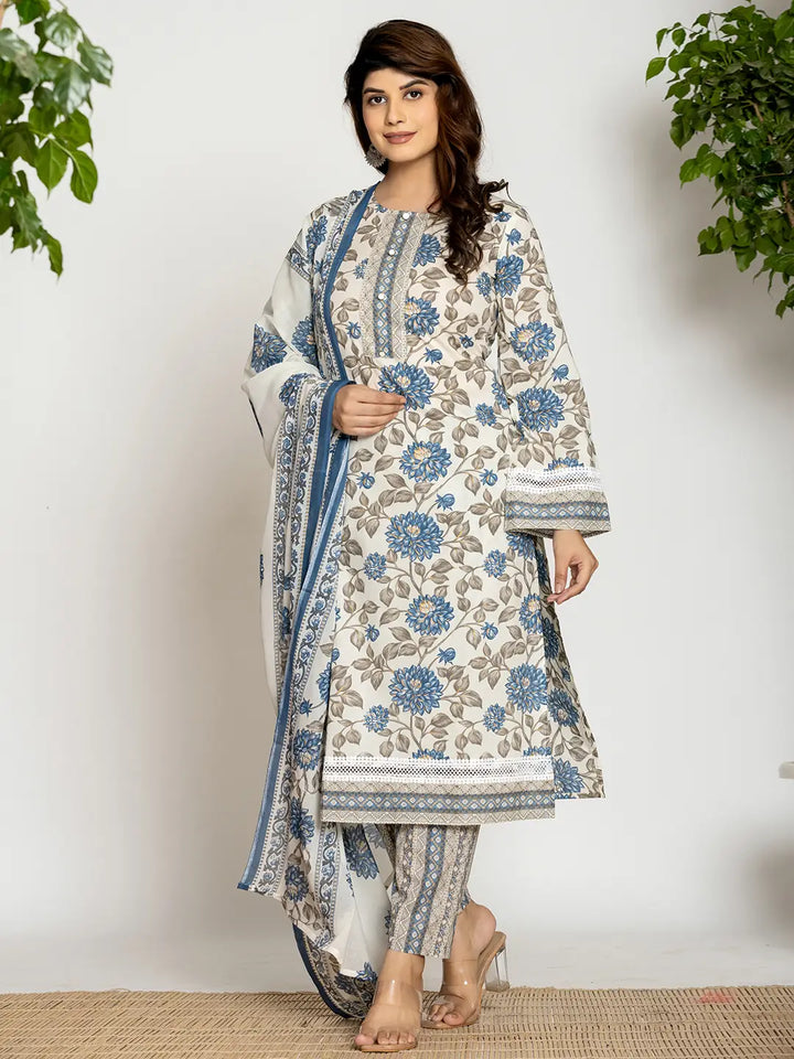 Blue And Off White Cotton Pakistani Style Kurta Dupatta Set-Yufta Store-1006SKDBLS