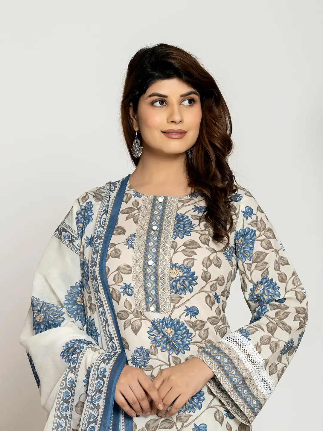 Blue And Off White Cotton Pakistani Style Kurta Dupatta Set-Yufta Store-1006SKDBLS