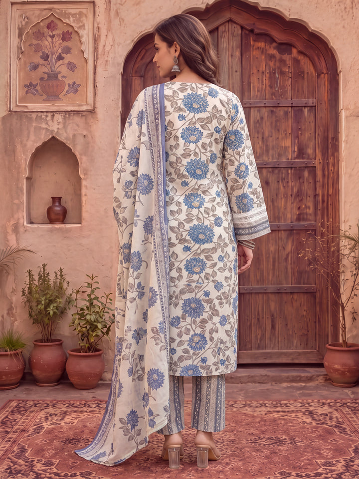 Blue And Off White Cotton Pakistani Style Kurta Dupatta Set