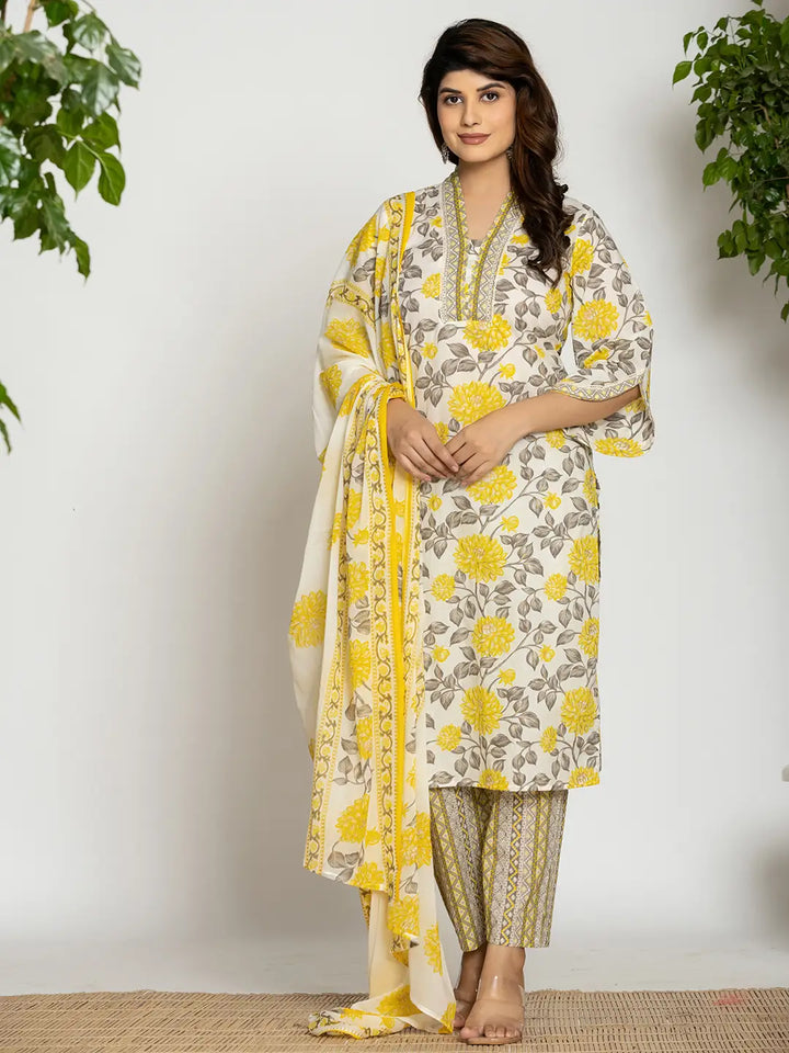 Yellow And Off White Cotton Pakistani Style Kurta Dupatta Set-Yufta Store-1007SKDYLS