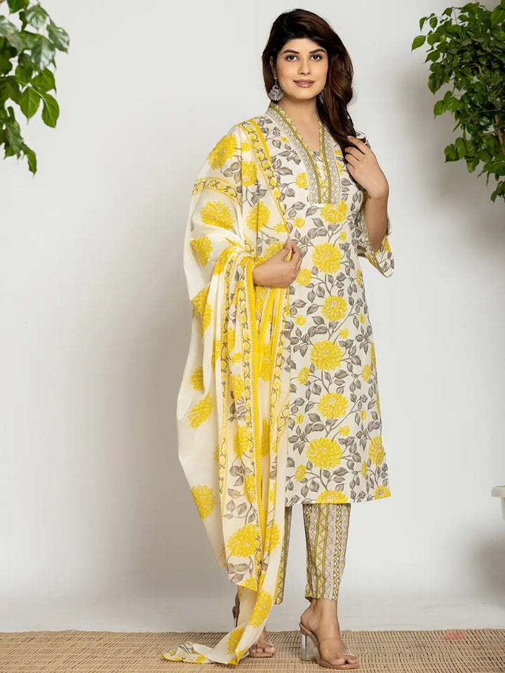 Yellow And Off White Cotton Pakistani Style Kurta Dupatta Set-Yufta Store-1007SKDYLS