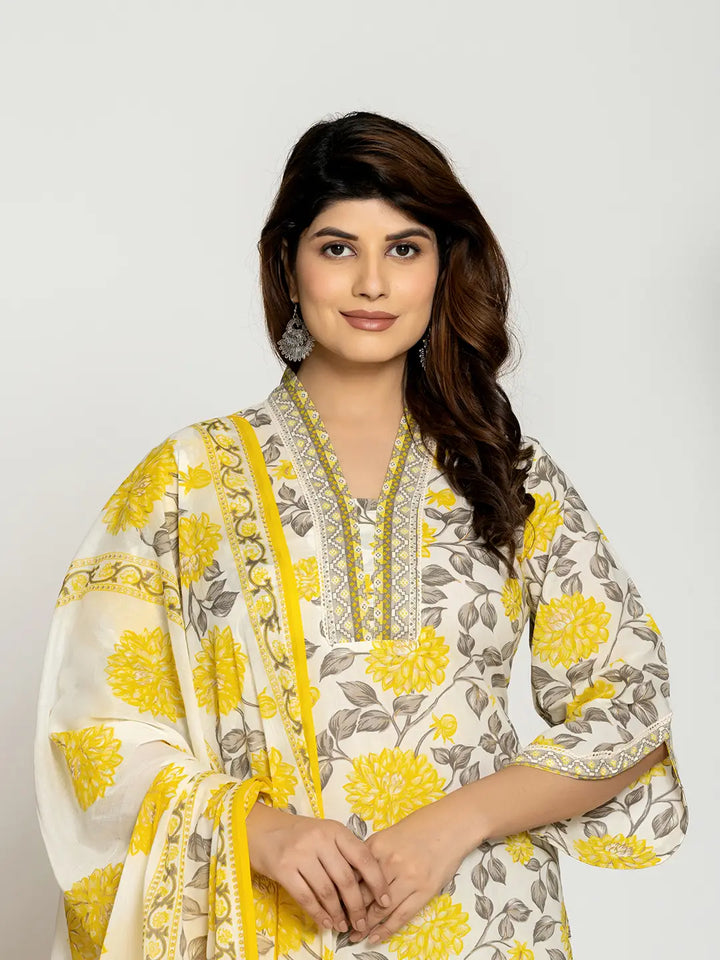 Yellow And Off White Cotton Pakistani Style Kurta Dupatta Set-Yufta Store-1007SKDYLS