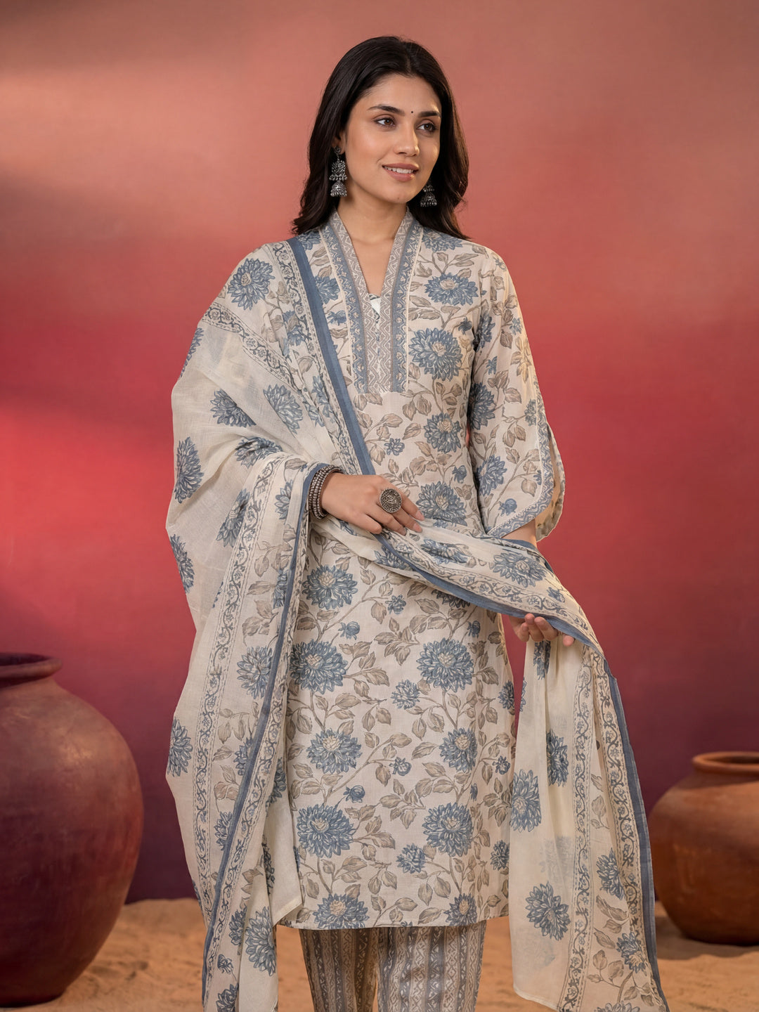 Blue And Off White Floral Print Cotton Straight Style Kurta And Trousers With Dupatta