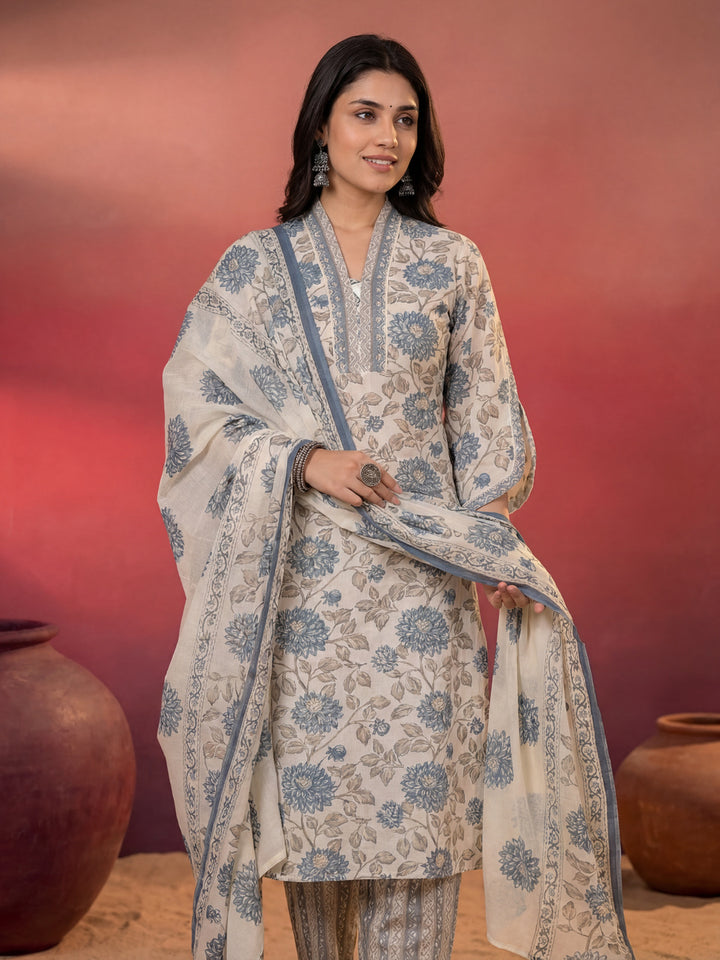 Blue And Off White Floral Print Cotton Straight Style Kurta And Trousers With Dupatta