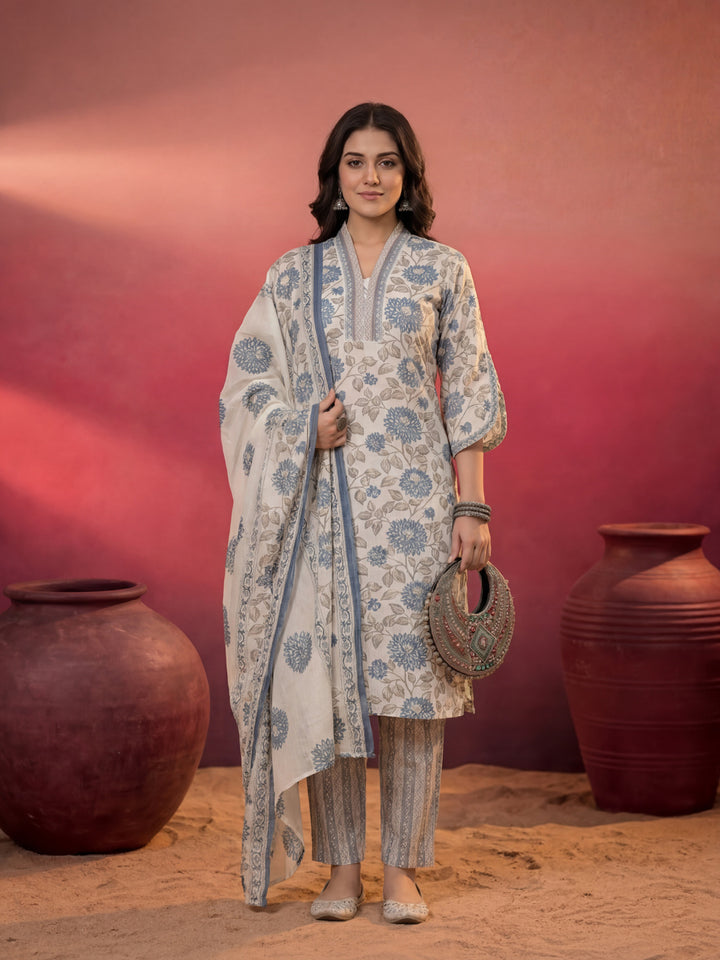 Blue And Off White Floral Print Cotton Straight Style Kurta And Trousers With Dupatta