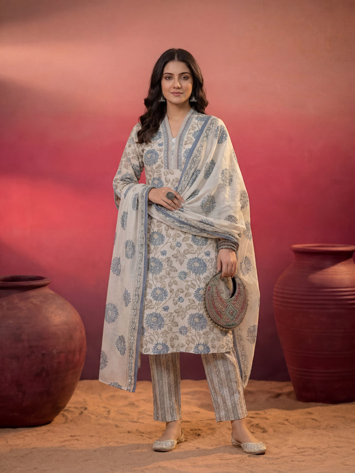 Blue And Off White Floral Print Cotton Straight Style Kurta And Trousers With Dupatta