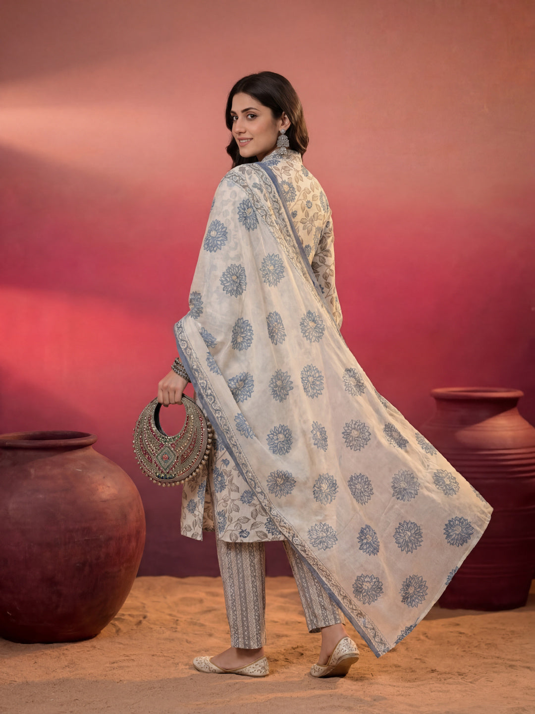 Blue And Off White Floral Print Cotton Straight Style Kurta And Trousers With Dupatta