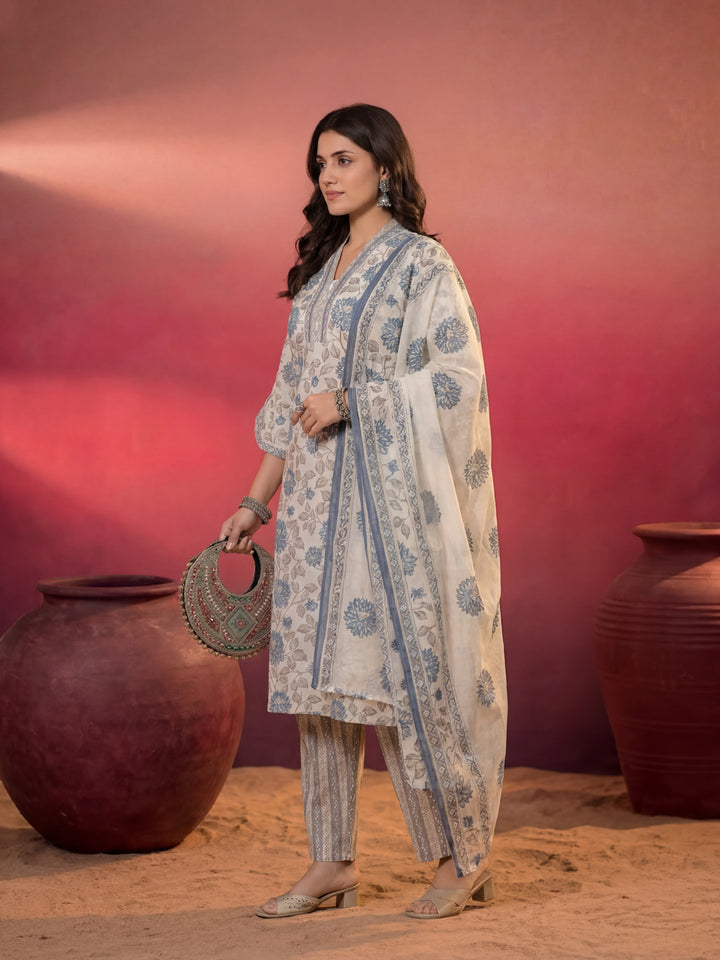 Blue And Off White Floral Print Cotton Straight Style Kurta And Trousers With Dupatta
