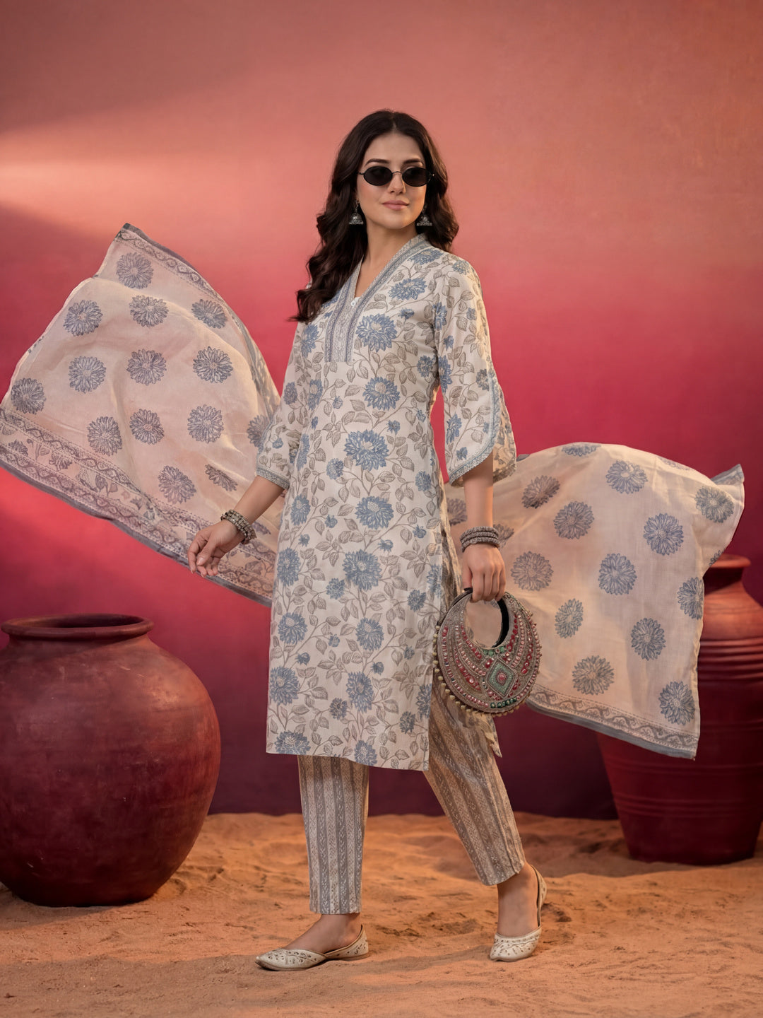 Blue And Off White Floral Print Cotton Straight Style Kurta And Trousers With Dupatta