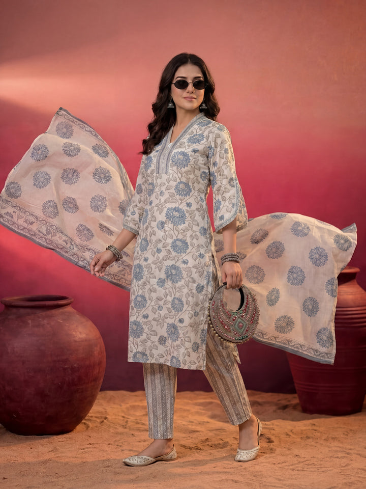 Blue And Off White Floral Print Cotton Straight Style Kurta And Trousers With Dupatta
