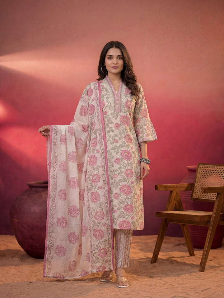 Pink And Off White Floral Print Cotton Straight Style Kurta And Trousers With Dupatta
