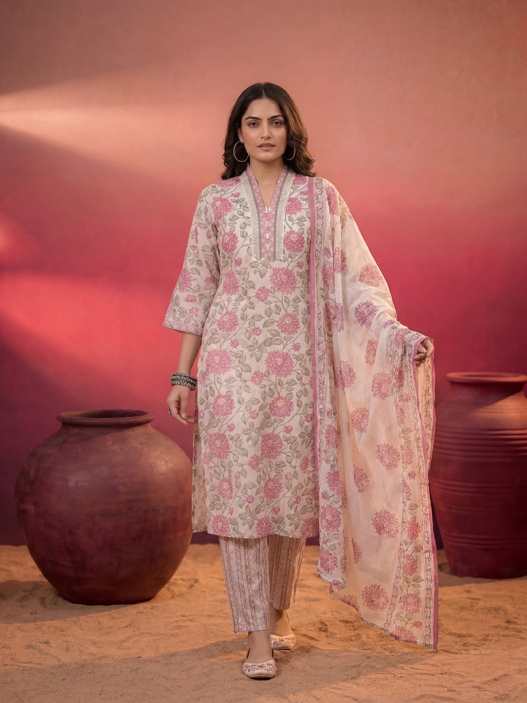 Pink And Off White Floral Print Cotton Straight Style Kurta And Trousers With Dupatta