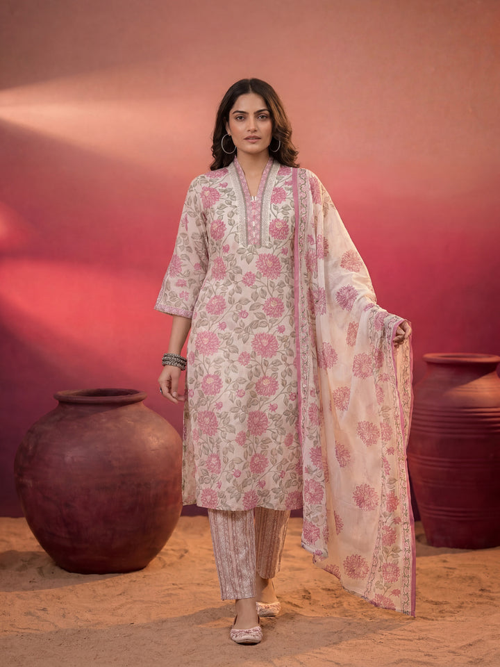 Pink And Off White Floral Print Cotton Straight Style Kurta And Trousers With Dupatta