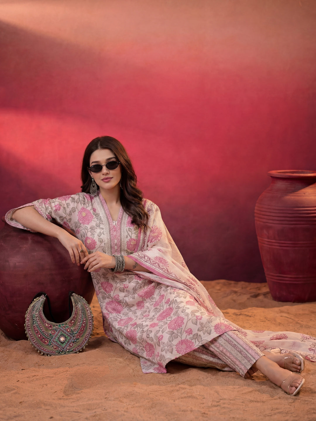 Pink And Off White Floral Print Cotton Straight Style Kurta And Trousers With Dupatta
