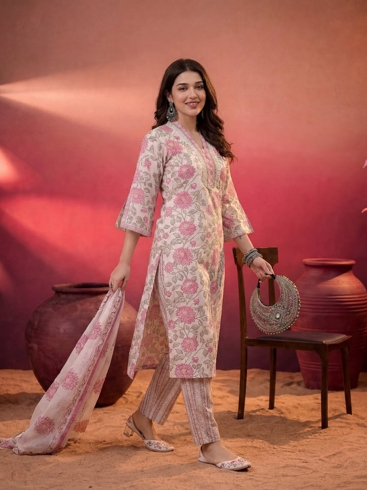 Pink And Off White Floral Print Cotton Straight Style Kurta And Trousers With Dupatta