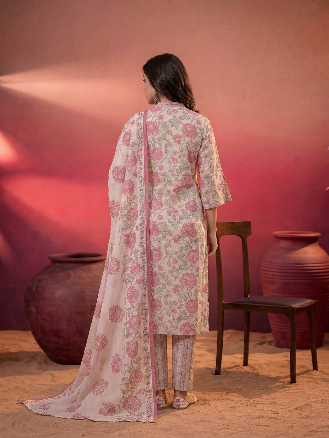 Pink And Off White Floral Print Cotton Straight Style Kurta And Trousers With Dupatta