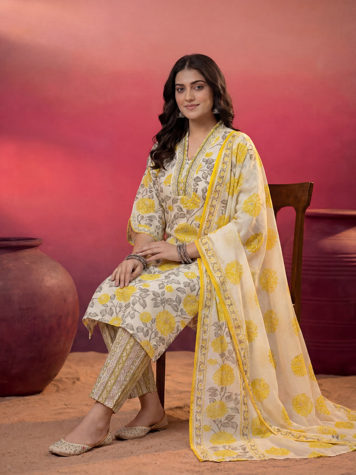 Yellow And Off White Cotton Pakistani Style Kurta Dupatta Set