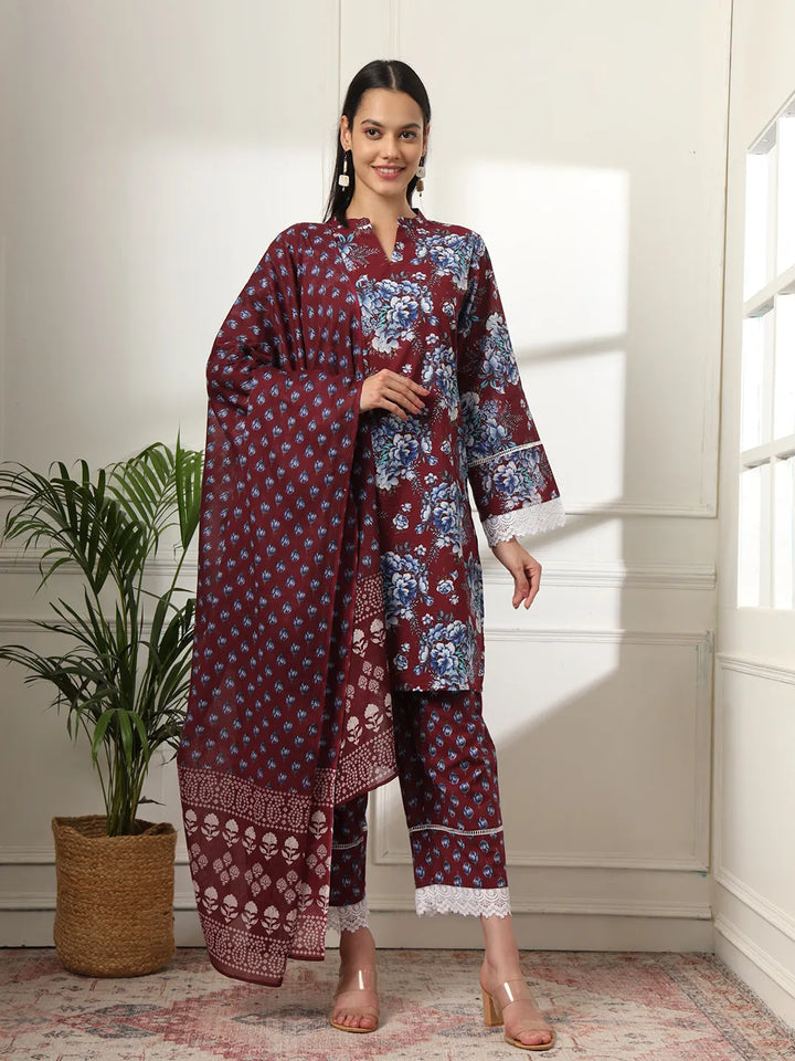 Maroon Pakistani Cotton Kurta Dupatta Set