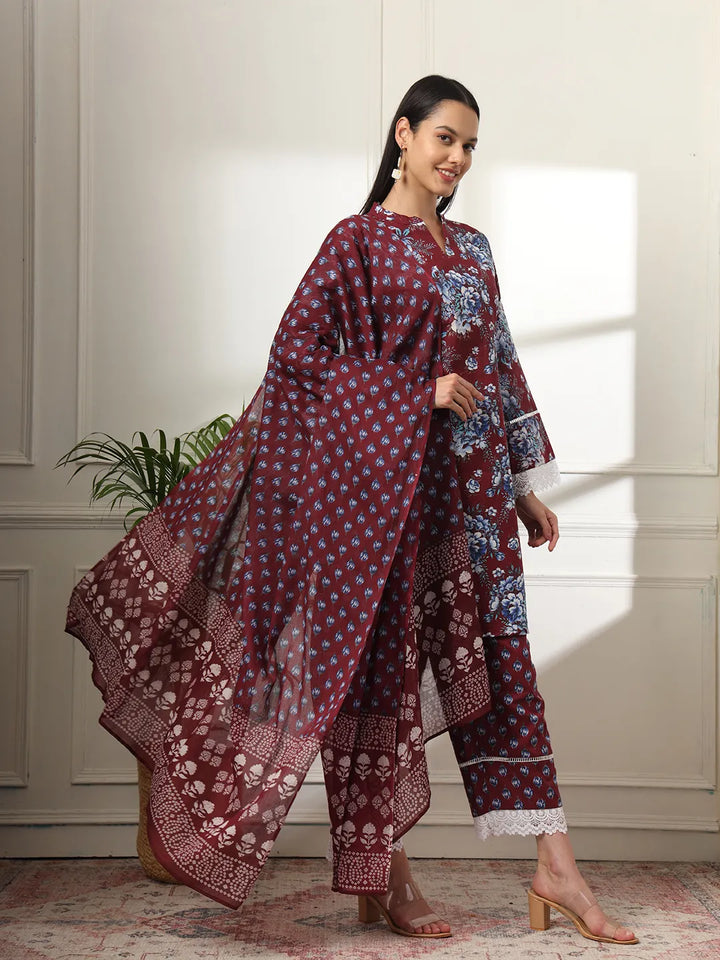 Maroon Pakistani Cotton Kurta Dupatta Set