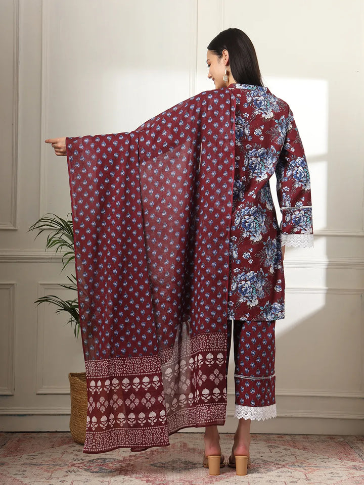 Maroon Pakistani Cotton Kurta Dupatta Set