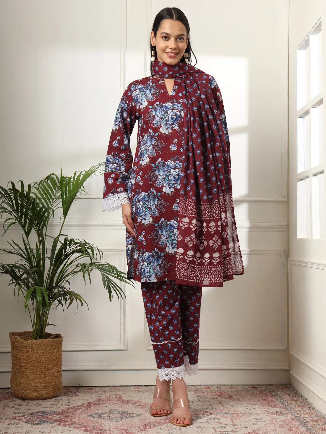 Maroon Pakistani Cotton Kurta Dupatta Set