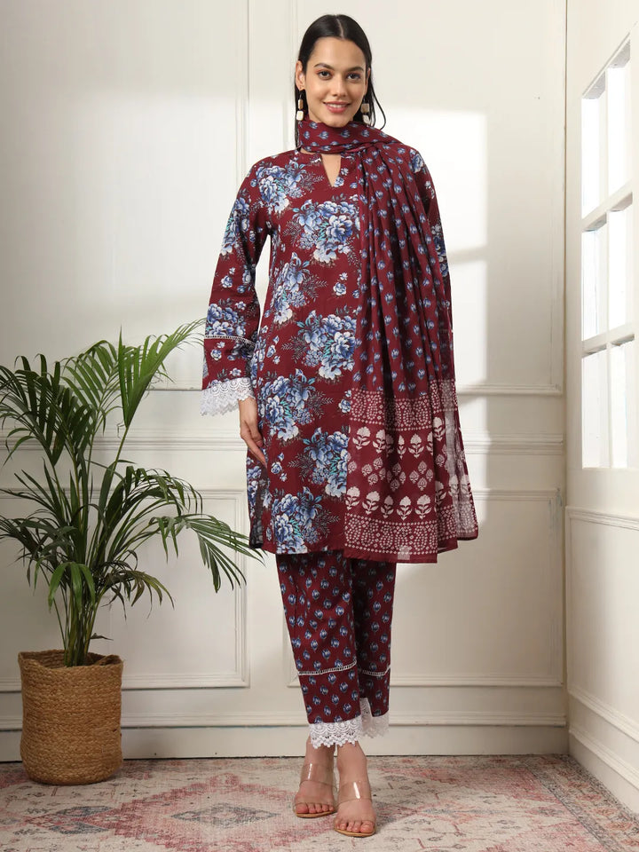 Maroon Pakistani Cotton Kurta Dupatta Set