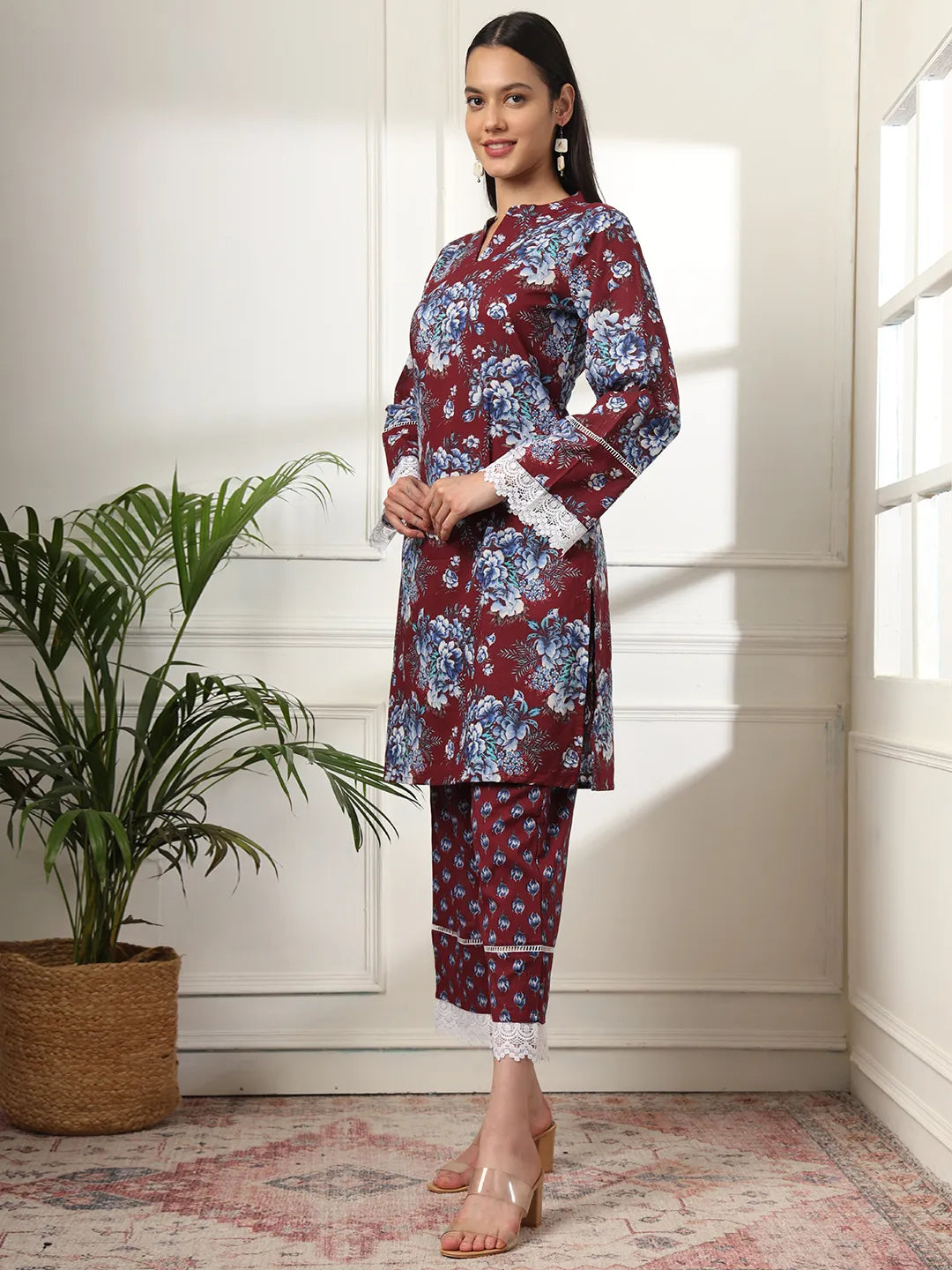 Maroon Pakistani Cotton Kurta Dupatta Set