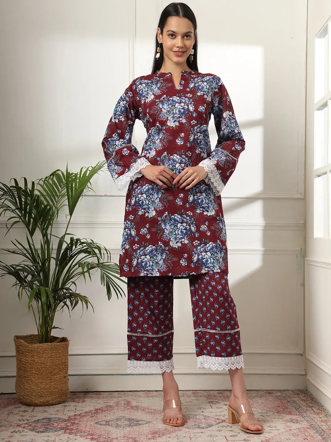 Maroon Pakistani Cotton Kurta Dupatta Set