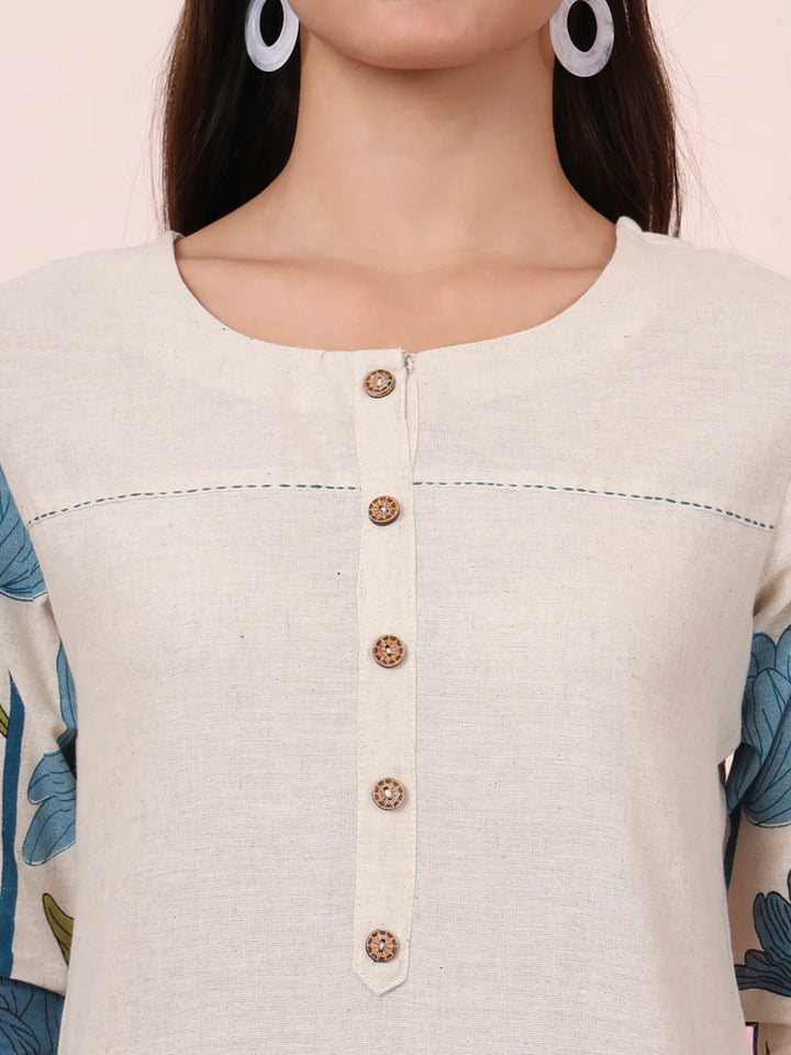 Blue And Cream Cotton Floral Print Straight Kurta Trouser Set