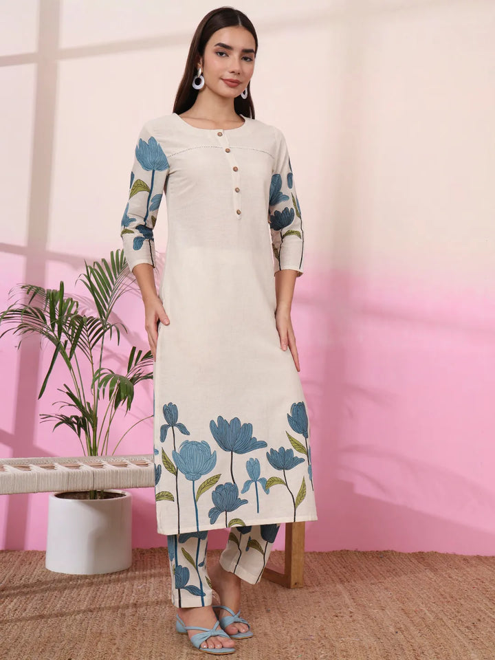 Blue And Cream Cotton Floral Print Straight Kurta Trouser Set