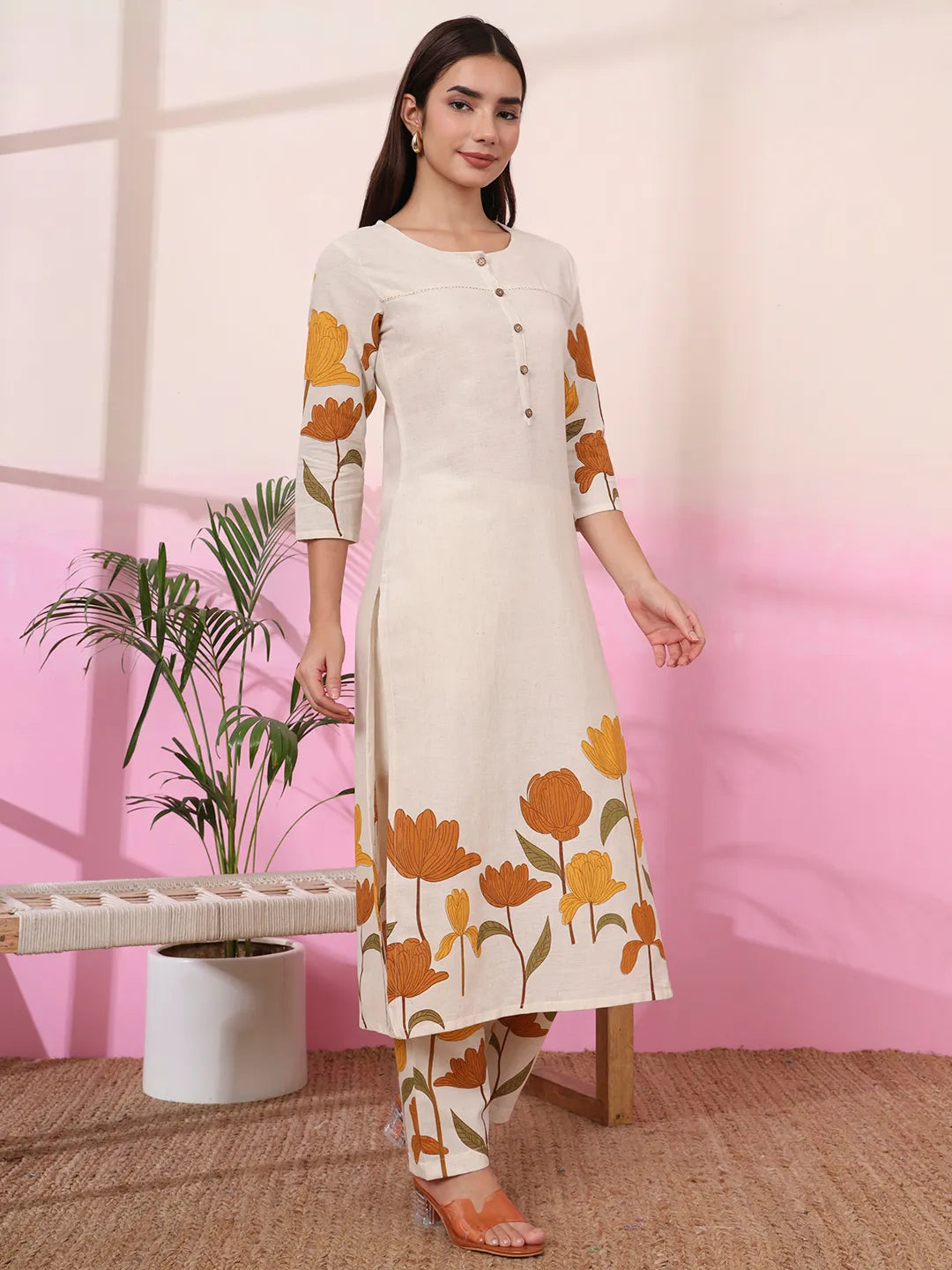 Mustard And Cream Cotton Floral Print Straight Kurta Trouser Set