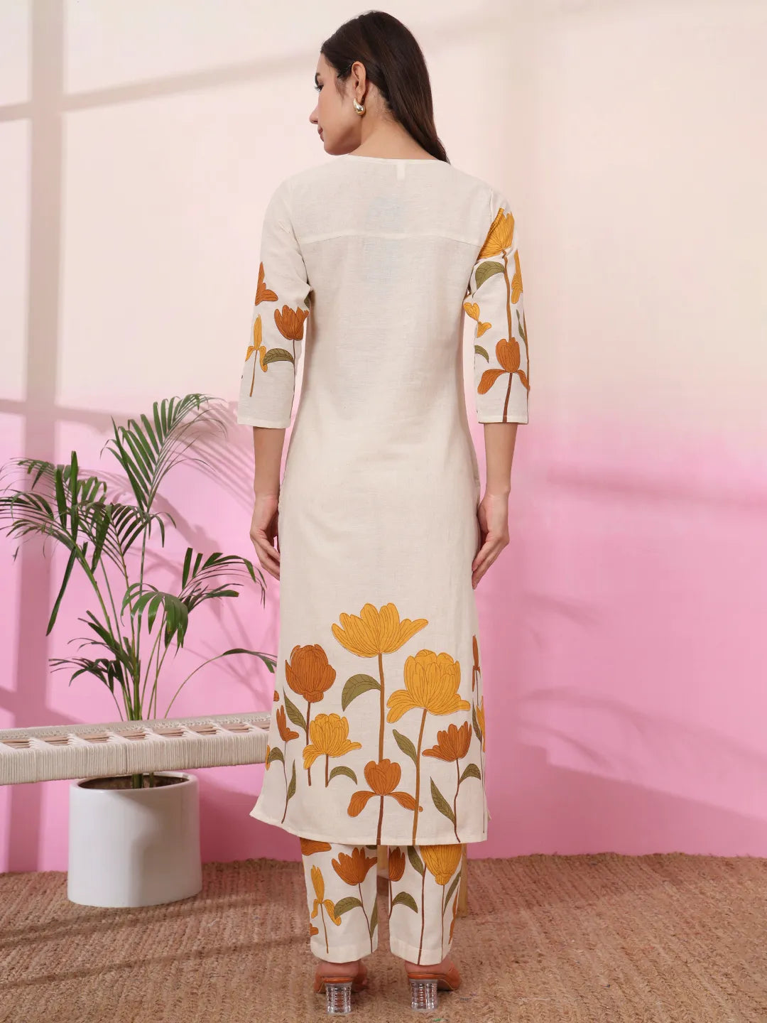 Mustard And Cream Cotton Floral Print Straight Kurta Trouser Set
