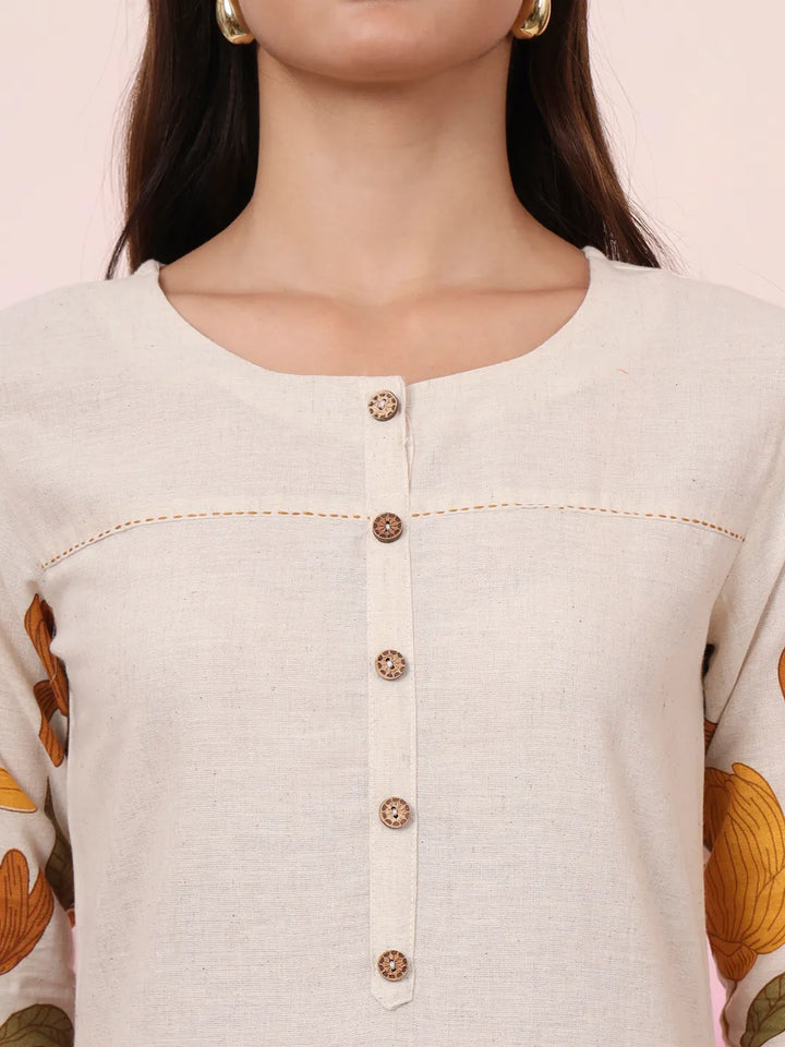 Mustard And Cream Cotton Floral Print Straight Kurta Trouser Set