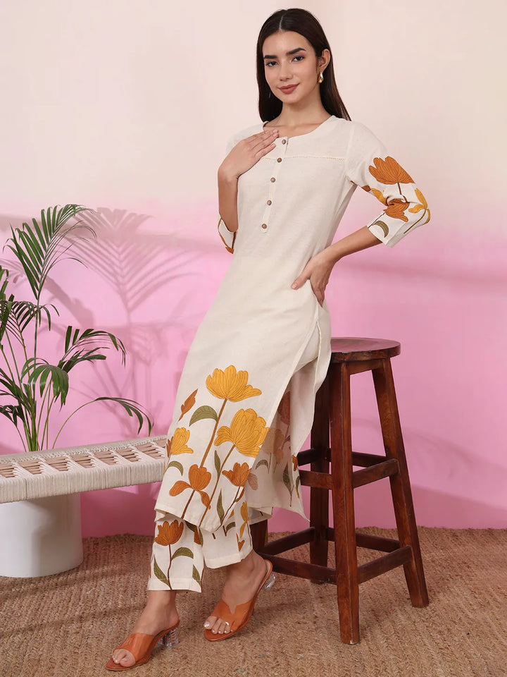 Mustard And Cream Cotton Floral Print Straight Kurta Trouser Set