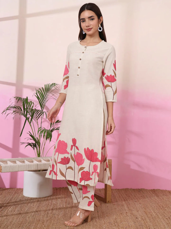 Pink And Cream Cotton Floral Print Straight Kurta Trouser Set
