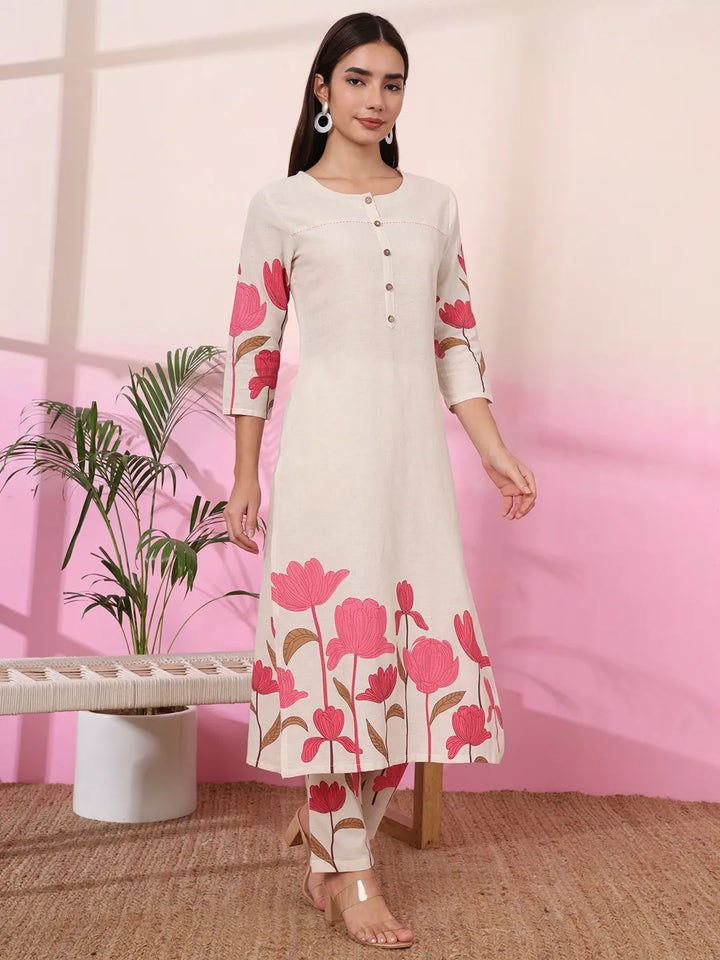 Pink And Cream Cotton Floral Print Straight Kurta Trouser Set